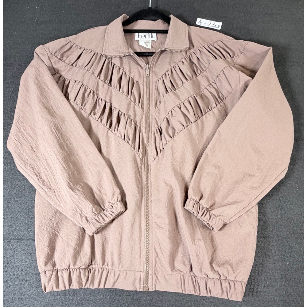 Vintage Teddi Mauve Taupe Crinkle Ruffle Zip Up Jacket Small Retro 80s 90s